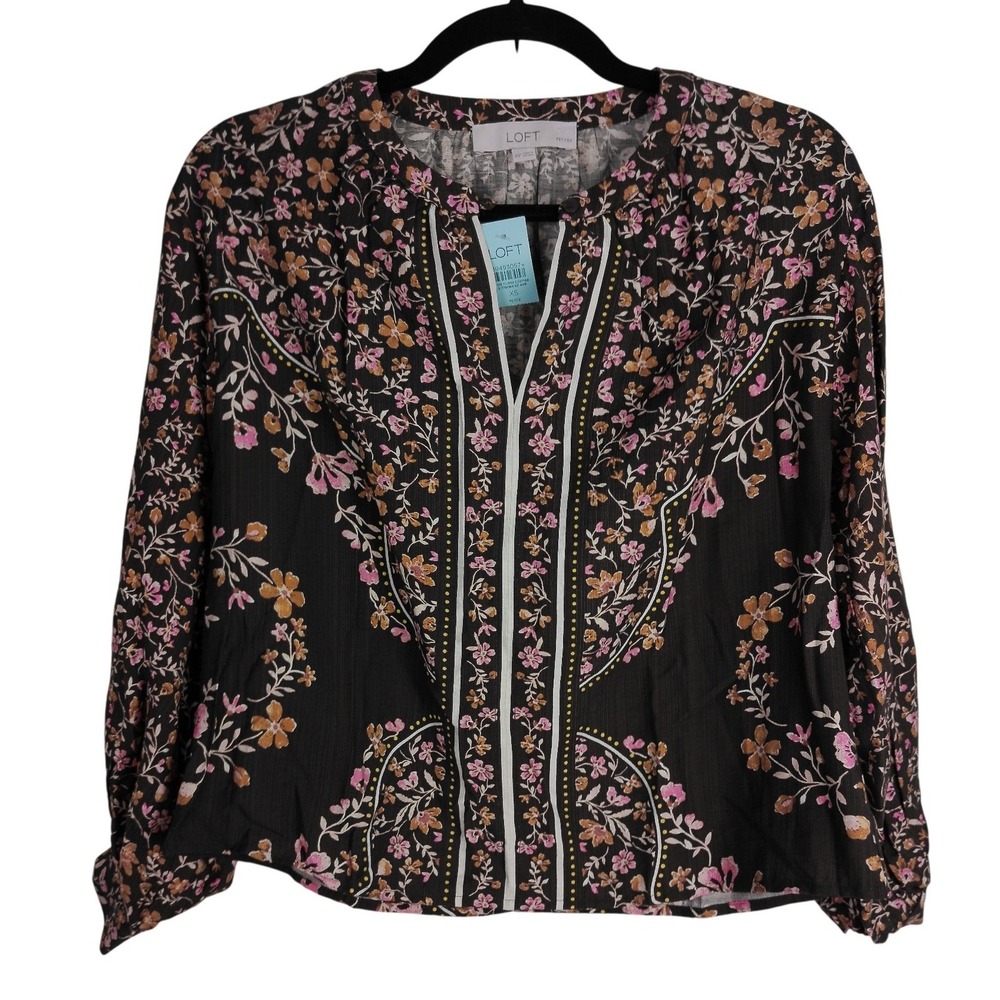LOFT Petites Floral Split Neck Blouse Size XSP Brown Pink Long Sleeve Top NWT